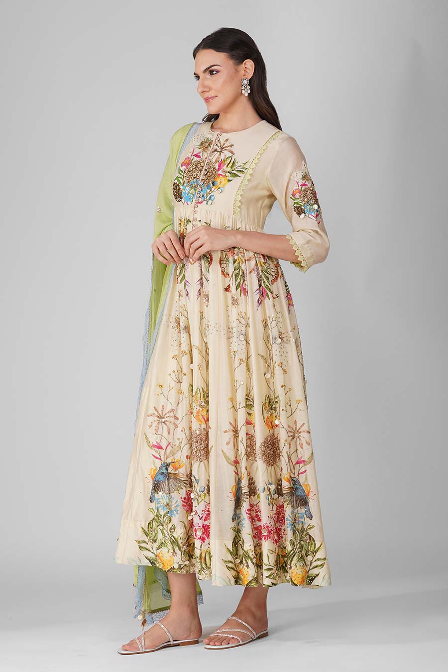 Beige Printed Embroidered Anarkali Set