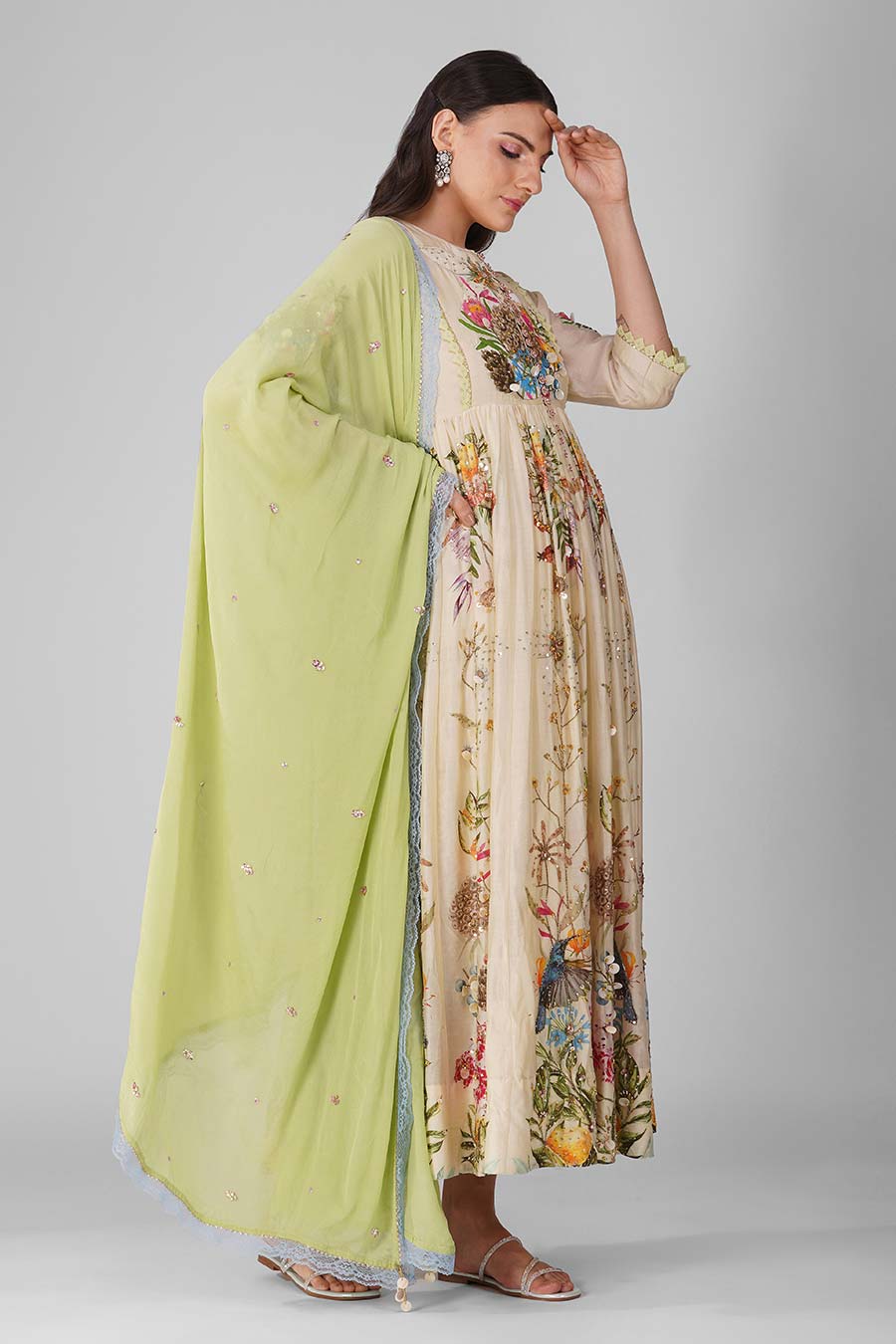 Beige Printed Embroidered Anarkali Set