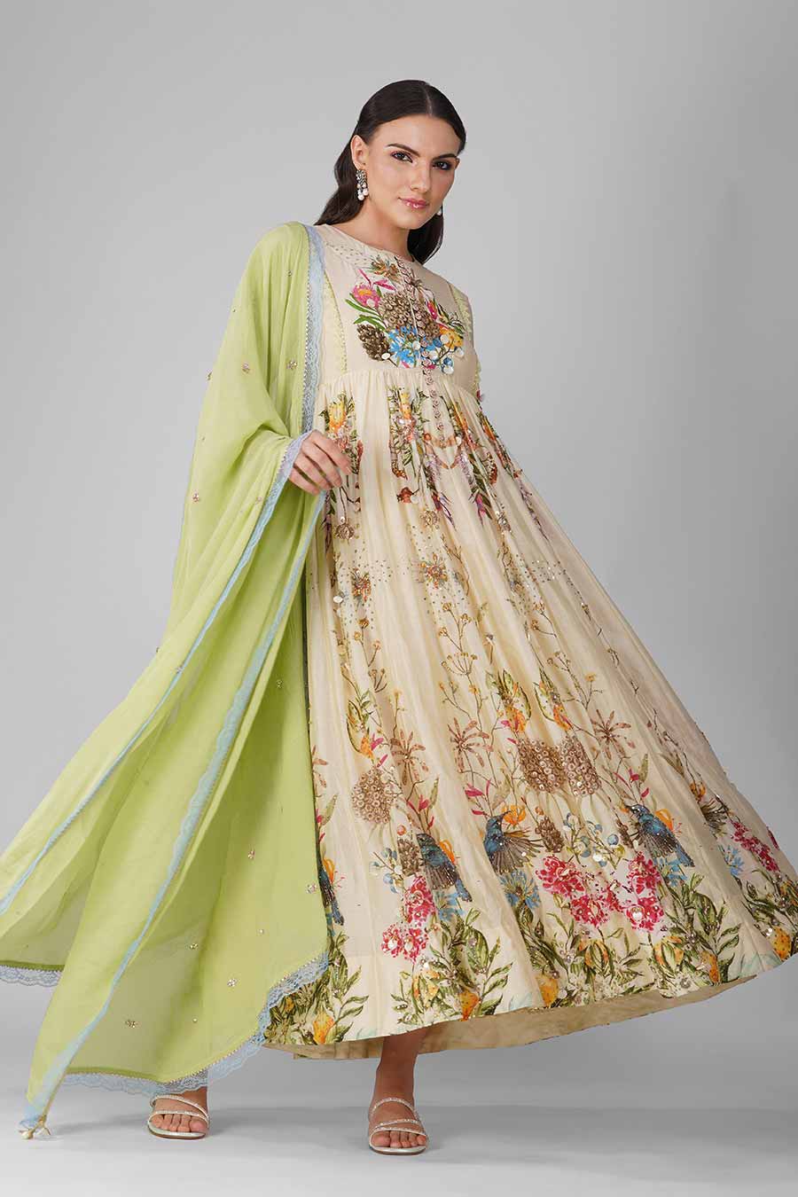 Beige Printed Embroidered Anarkali Set