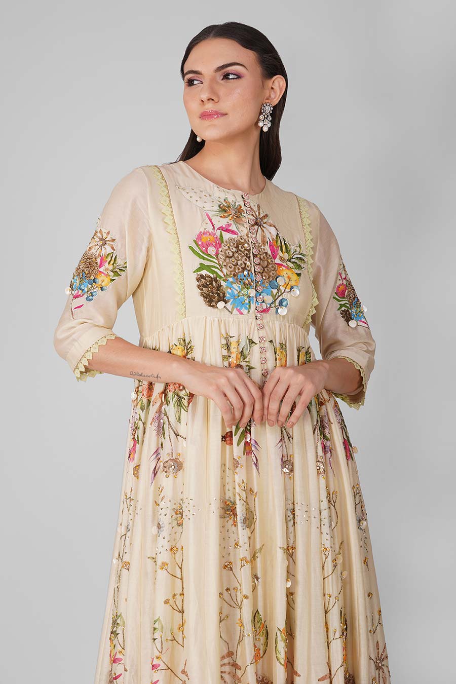 Beige Printed Embroidered Anarkali Set