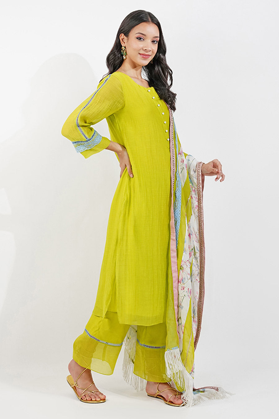 Lime Green Kurta Set With Lace Dupatta