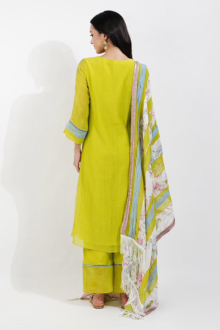 Lime Green Kurta Set With Lace Dupatta