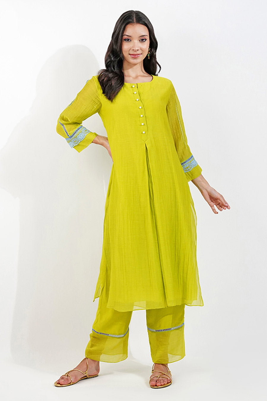 Lime Green Kurta Set With Lace Dupatta