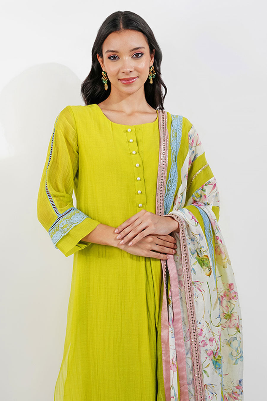 Lime Green Kurta Set With Lace Dupatta