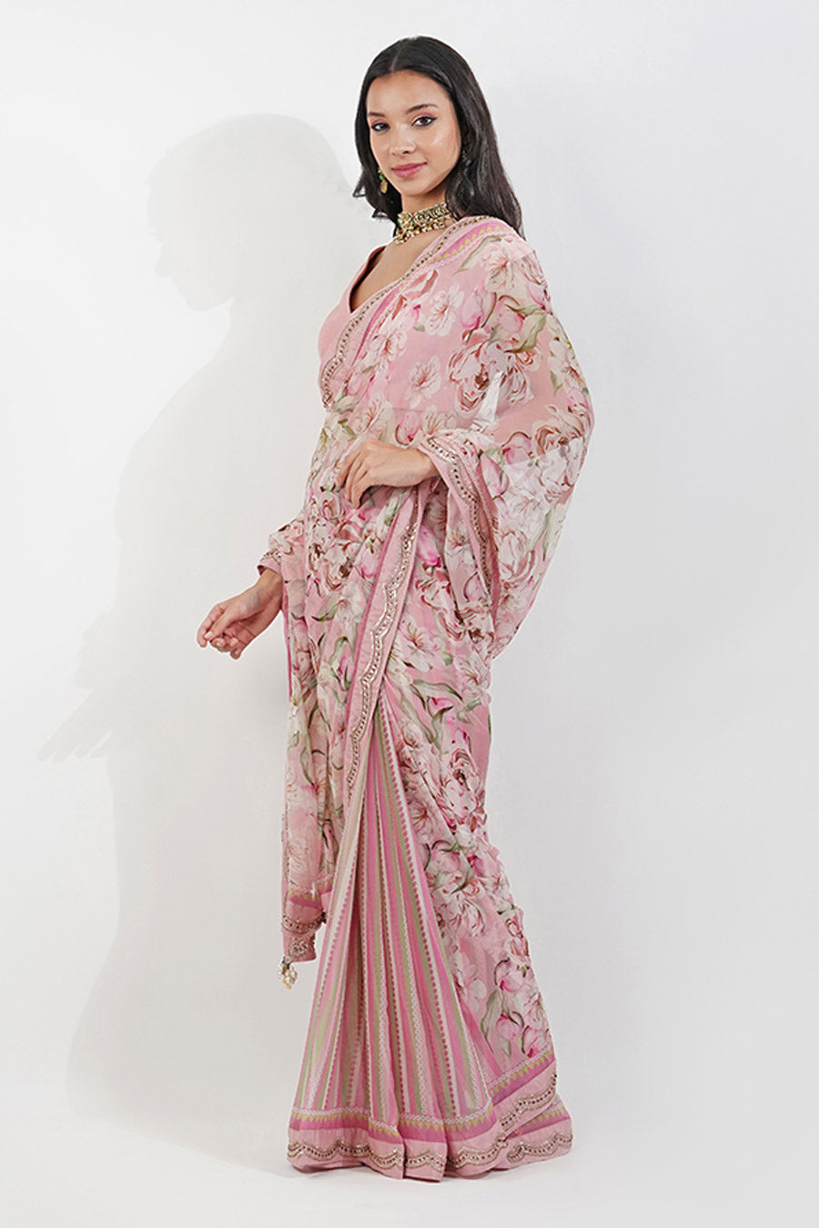 Pink Vintage Floral Embroidered Saree Set