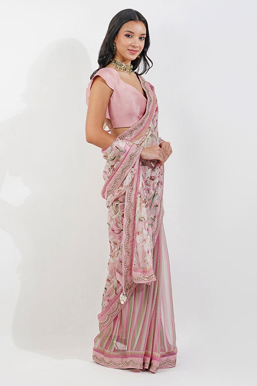 Pink Vintage Floral Embroidered Saree Set