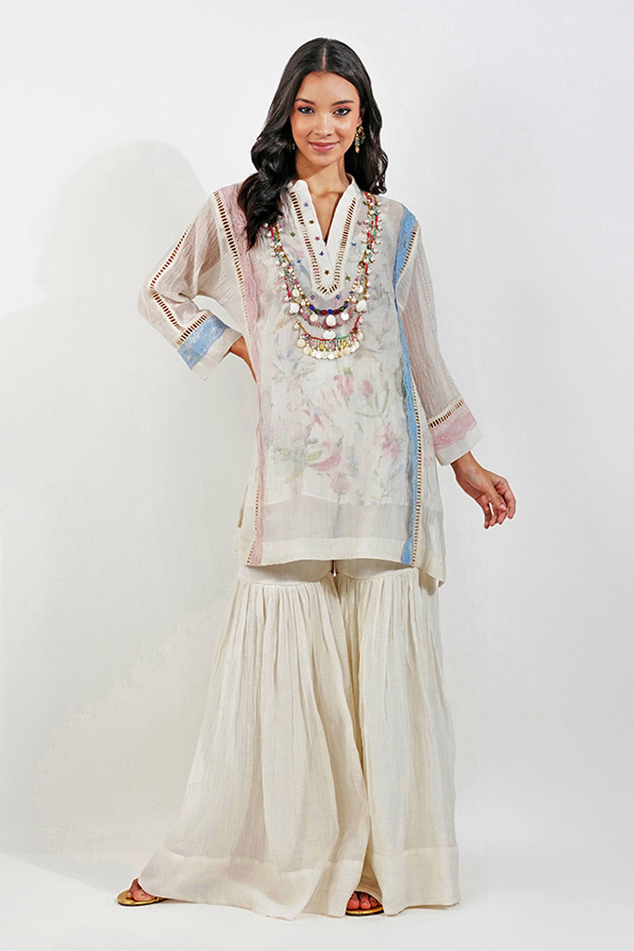 Ivory Embellished Floral Gharara Set with Dupatta