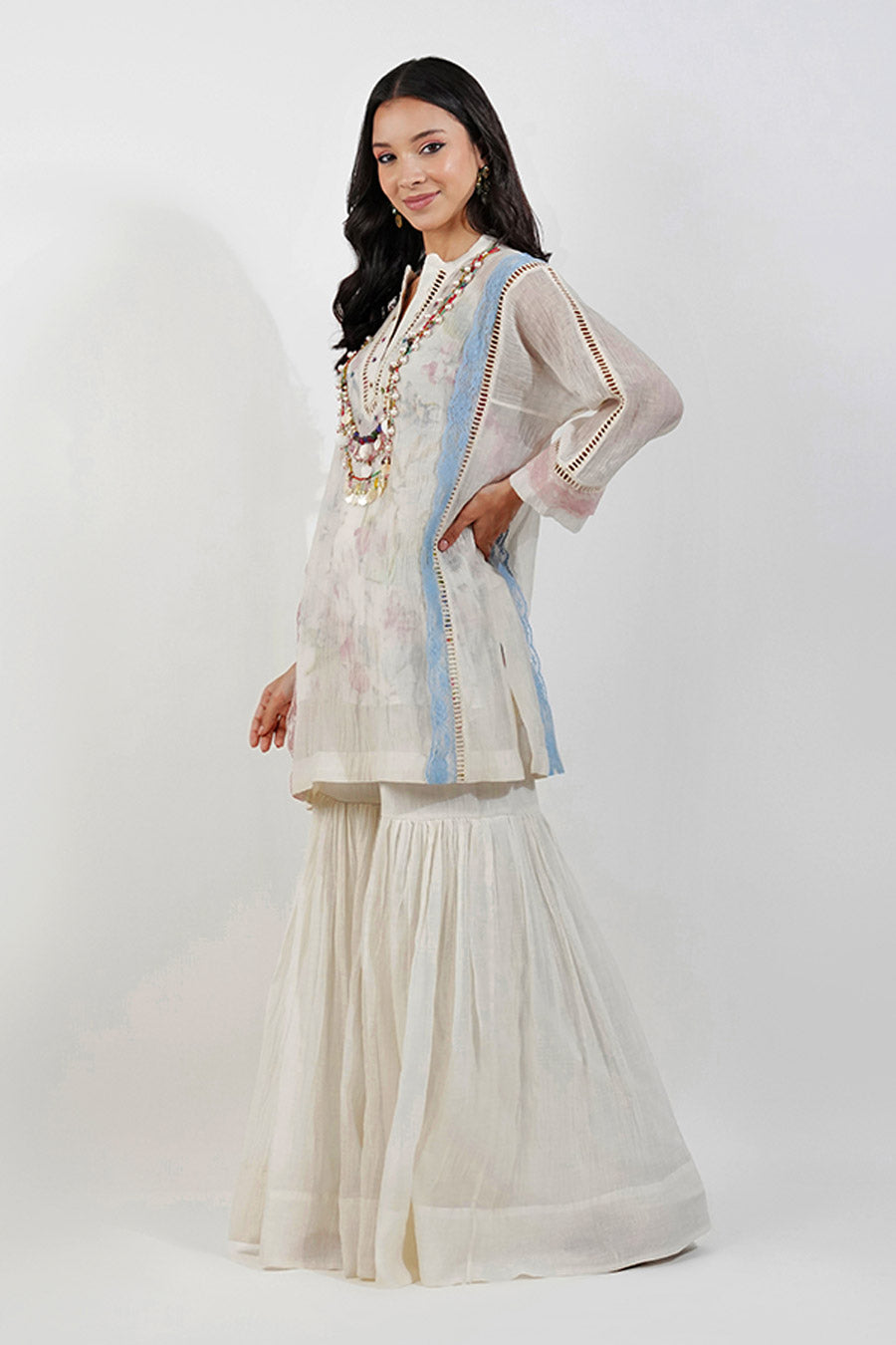 Ivory Embellished Floral Gharara Set with Dupatta