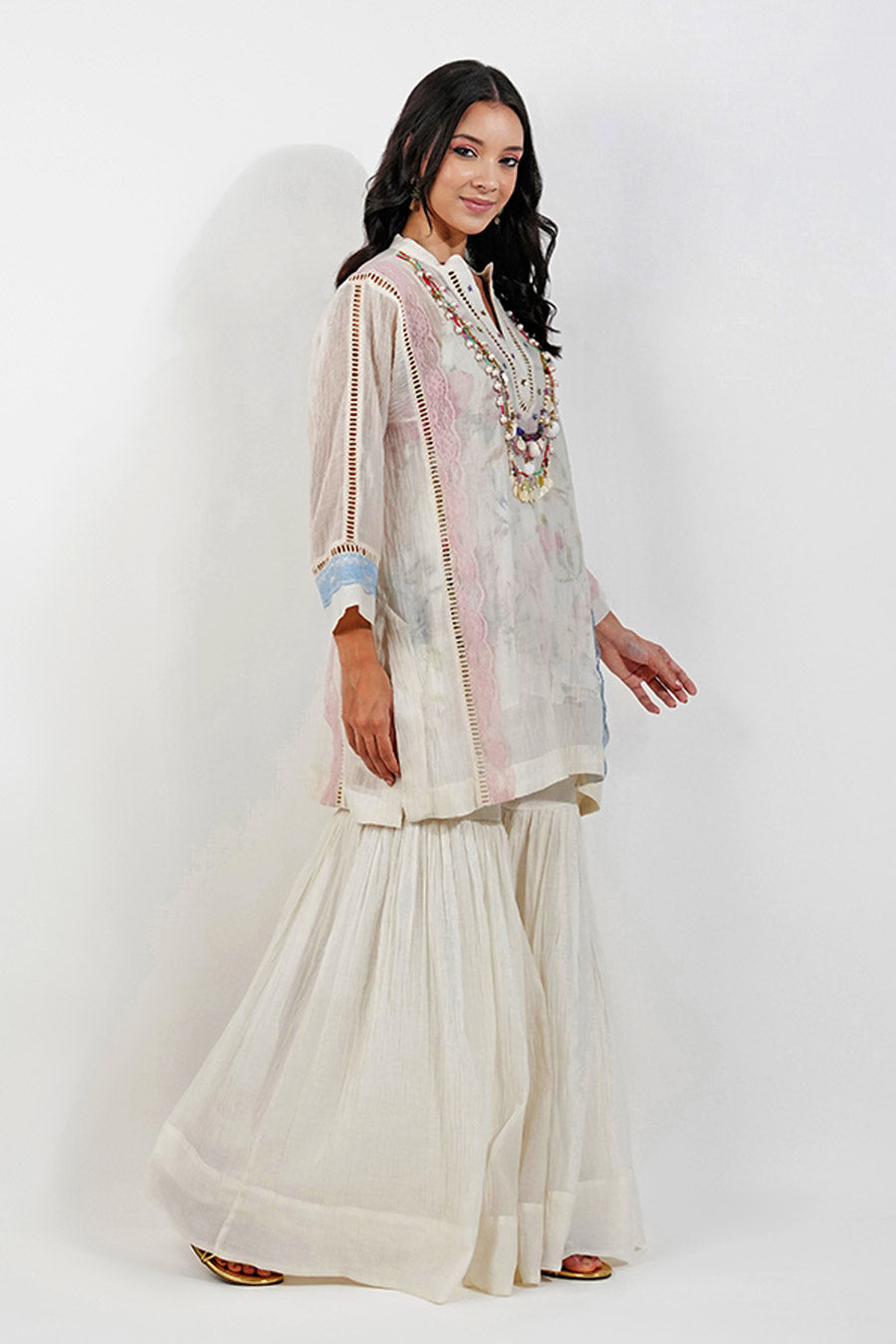 Ivory Embellished Floral Gharara Set with Dupatta