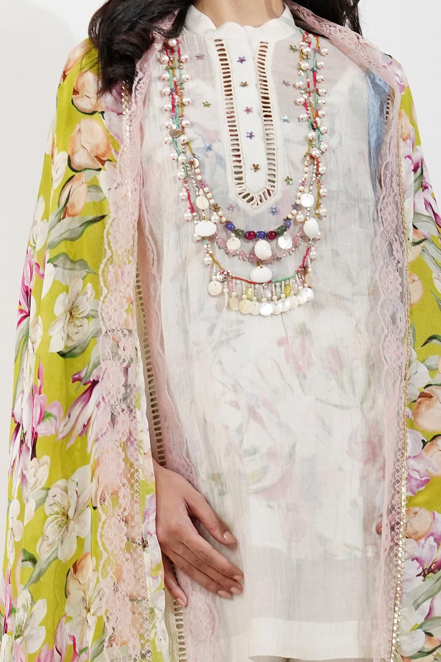 Ivory Embellished Floral Gharara Set with Dupatta