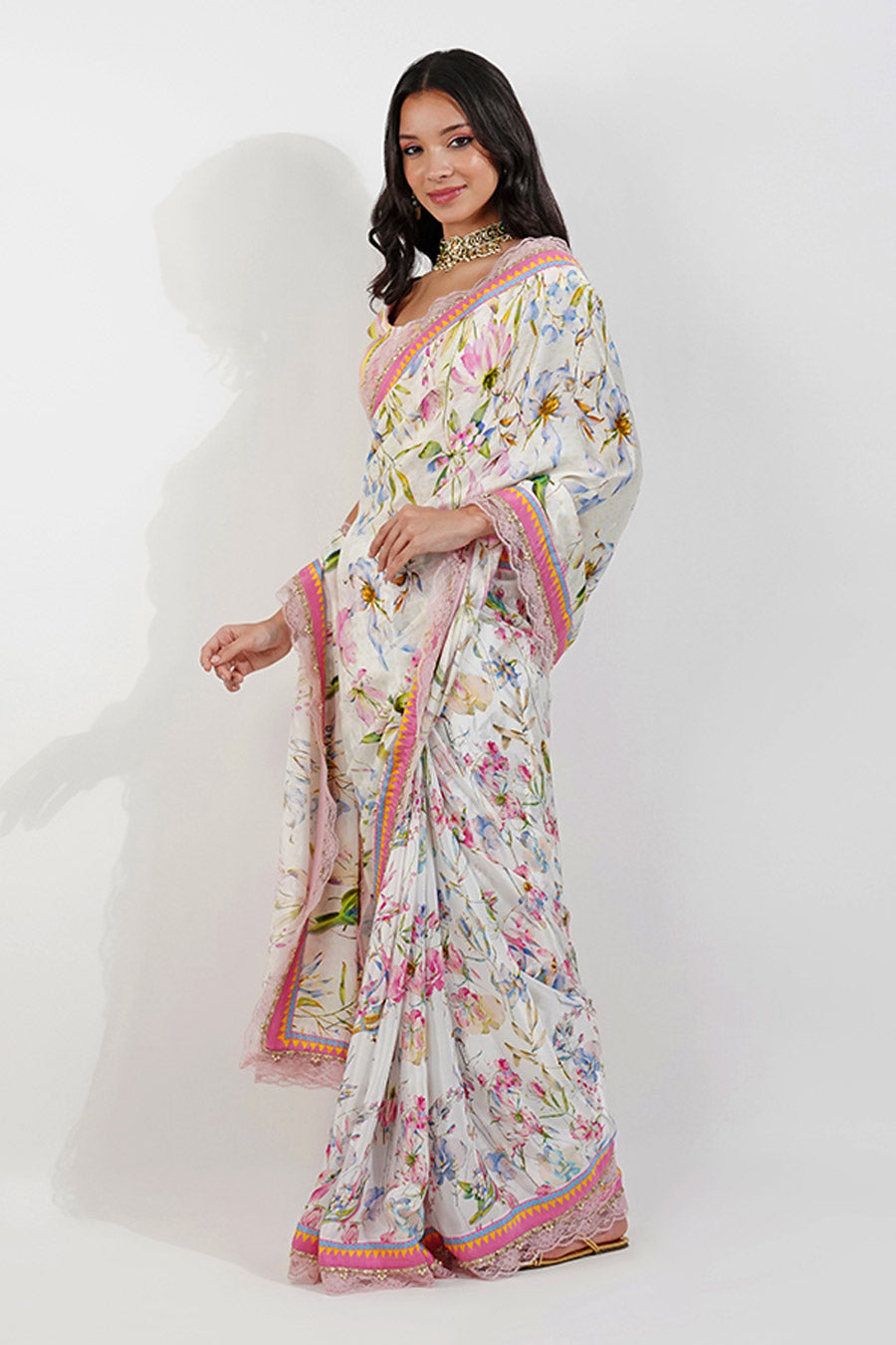Ivory Summer Floral Embroidered Saree Set