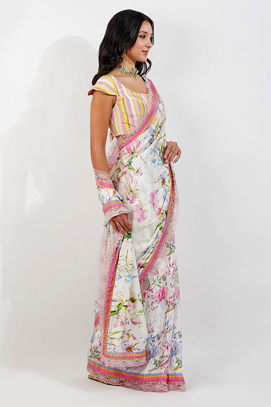 Ivory Summer Floral Embroidered Saree Set