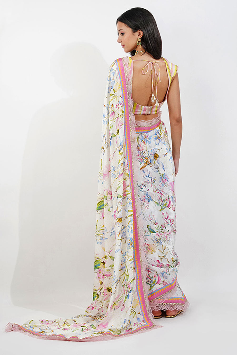 Ivory Summer Floral Embroidered Saree Set
