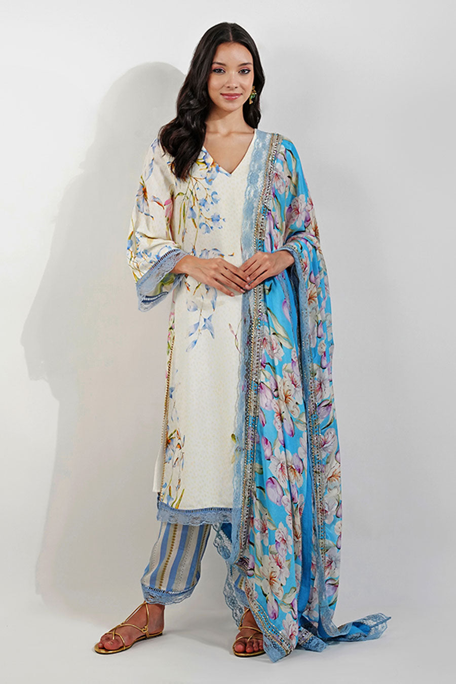 Ivory Floral Kurta Set With Embellished Dupatta