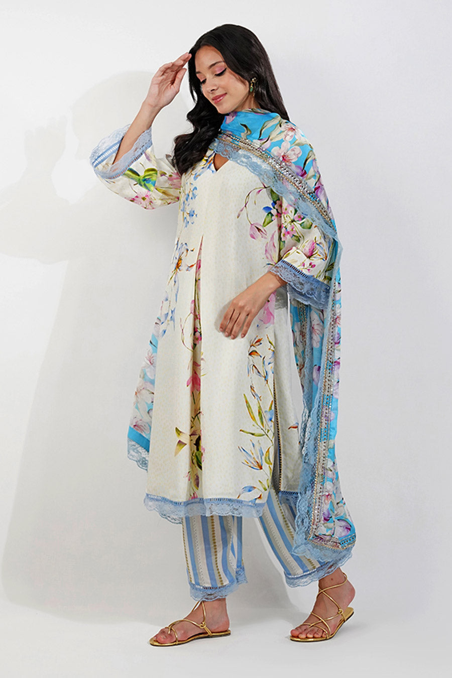 Ivory Floral Kurta Set With Embellished Dupatta