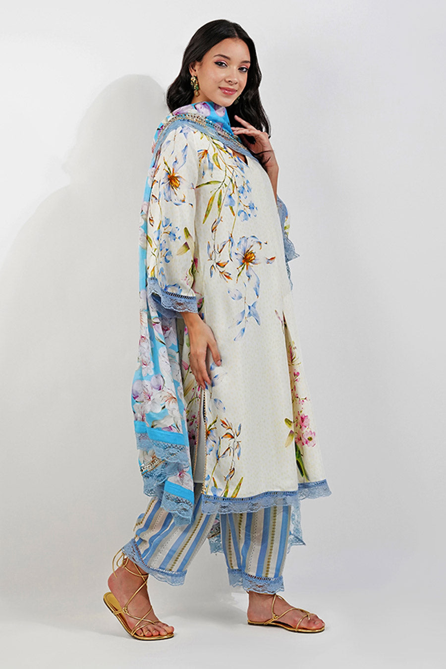 Ivory Floral Kurta Set With Embellished Dupatta