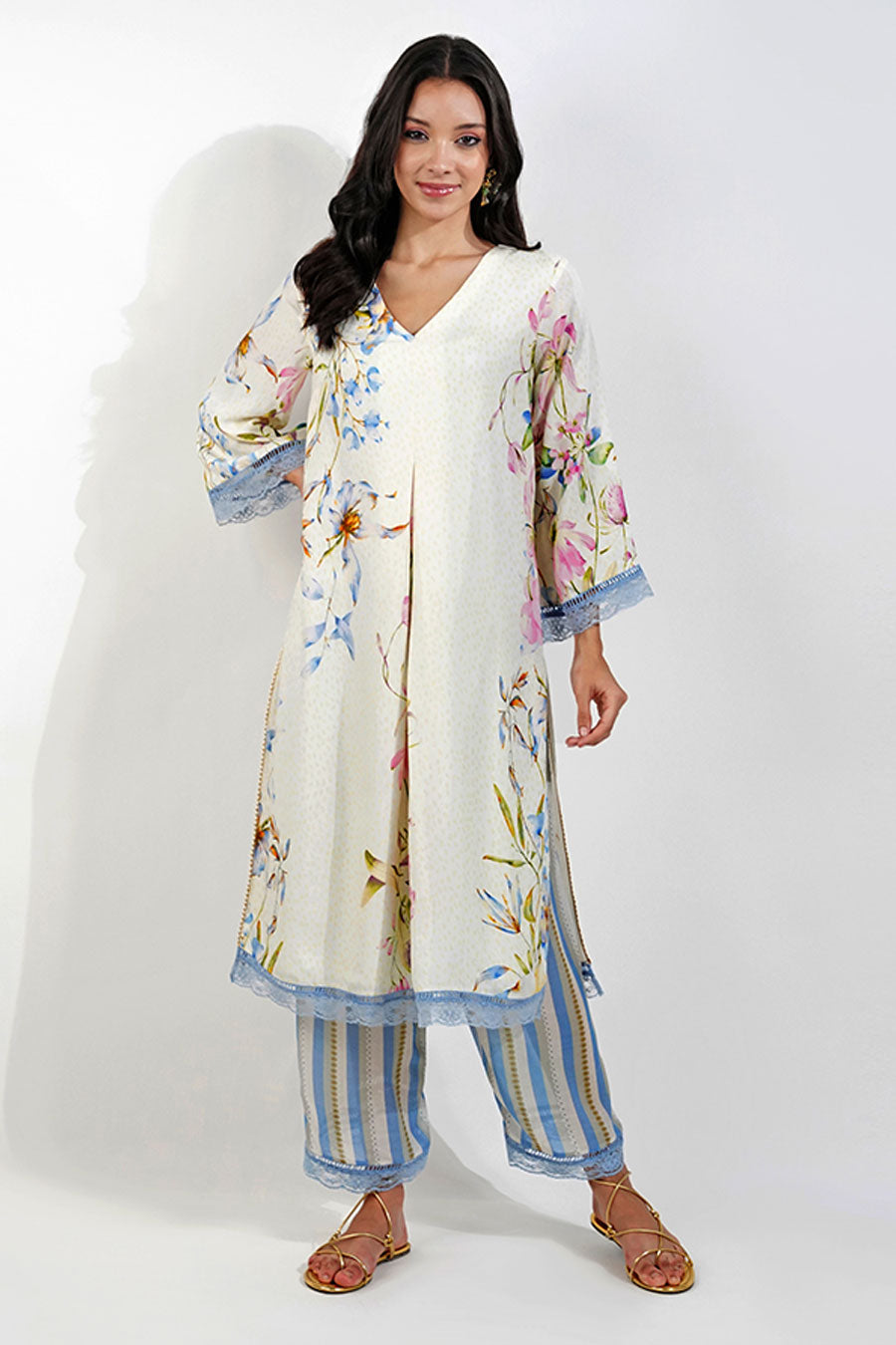 Ivory Floral Kurta Set With Embellished Dupatta