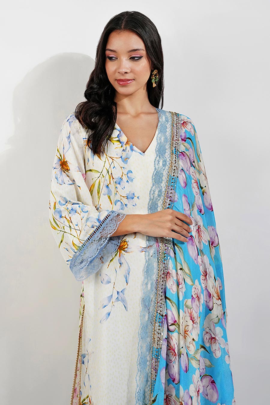 Ivory Floral Kurta Set With Embellished Dupatta
