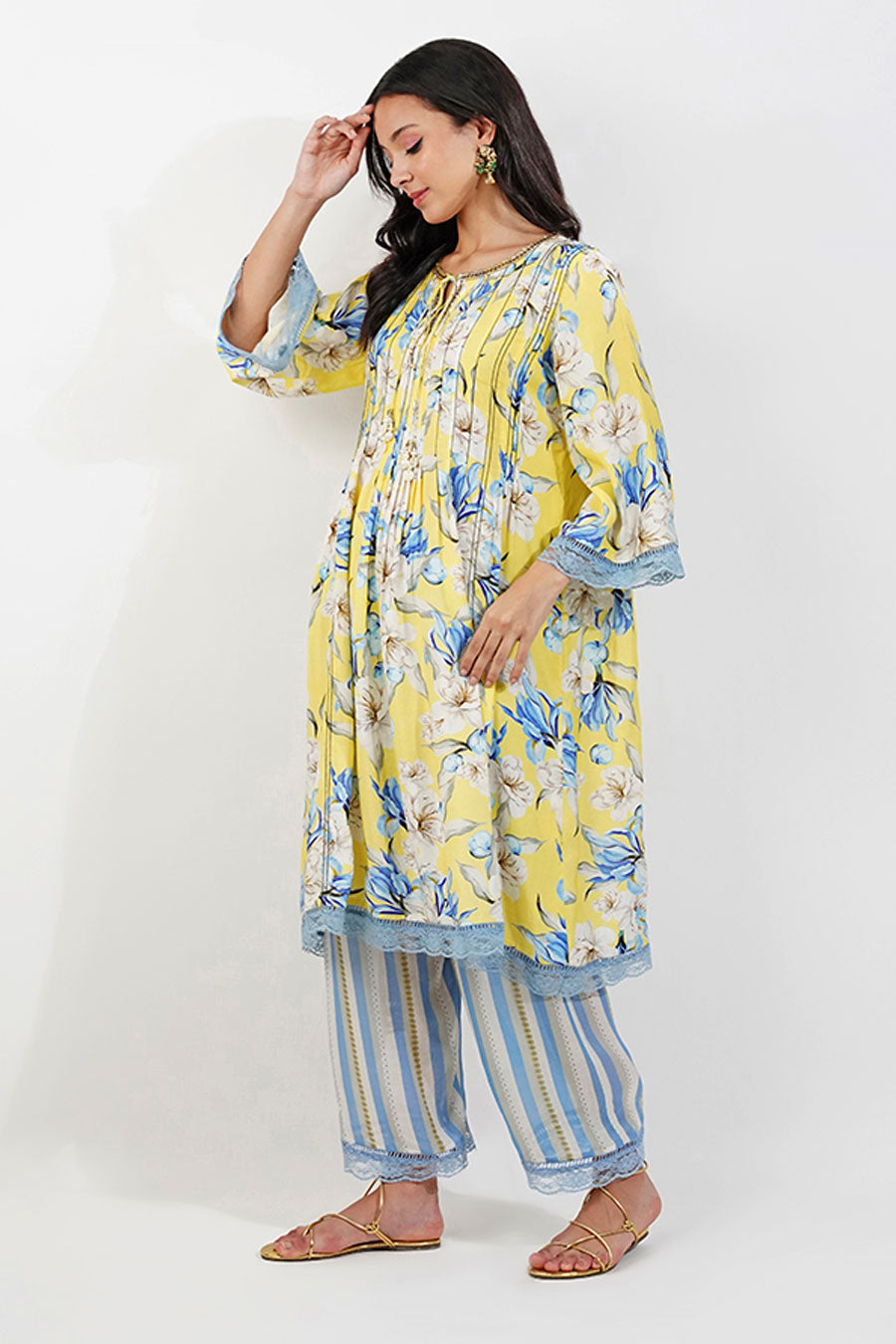 Yellow Floral Pleated Tunic & Pant Set