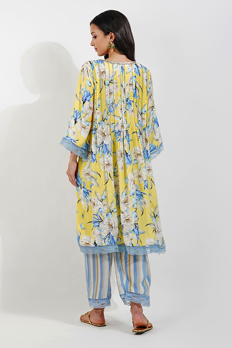 Yellow Floral Pleated Tunic & Pant Set