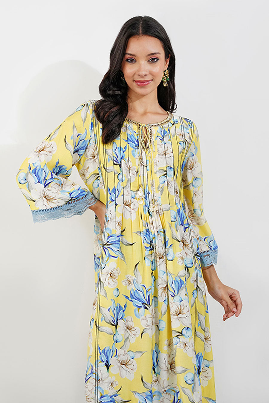 Yellow Floral Pleated Tunic & Pant Set