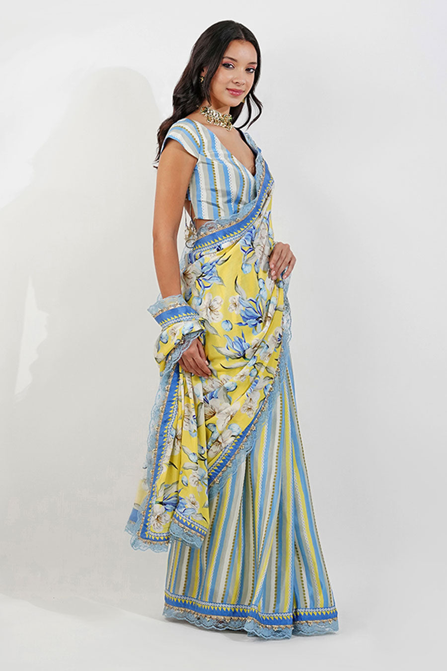 Yellow Vintage Floral Embroidered Saree Set