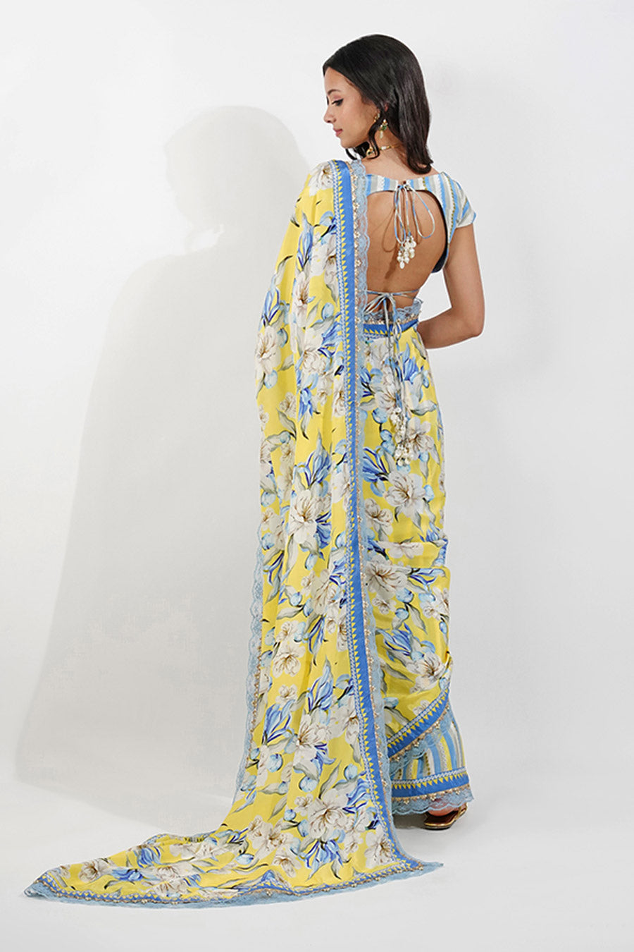 Yellow Vintage Floral Embroidered Saree Set