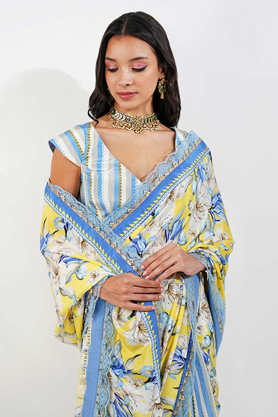 Yellow Vintage Floral Embroidered Saree Set