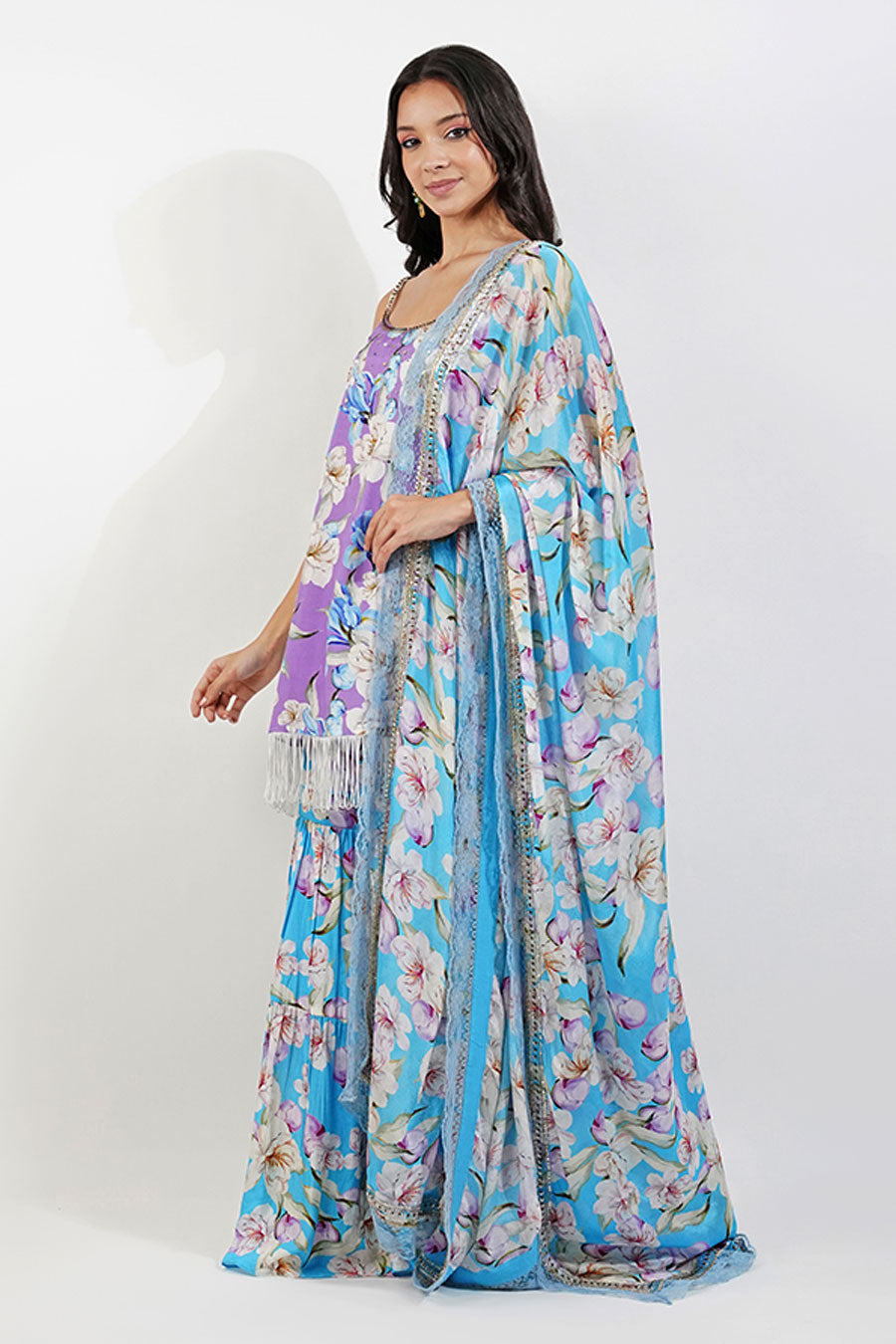 Purple-Blue Vintage Floral Embroidered Gharara Set
