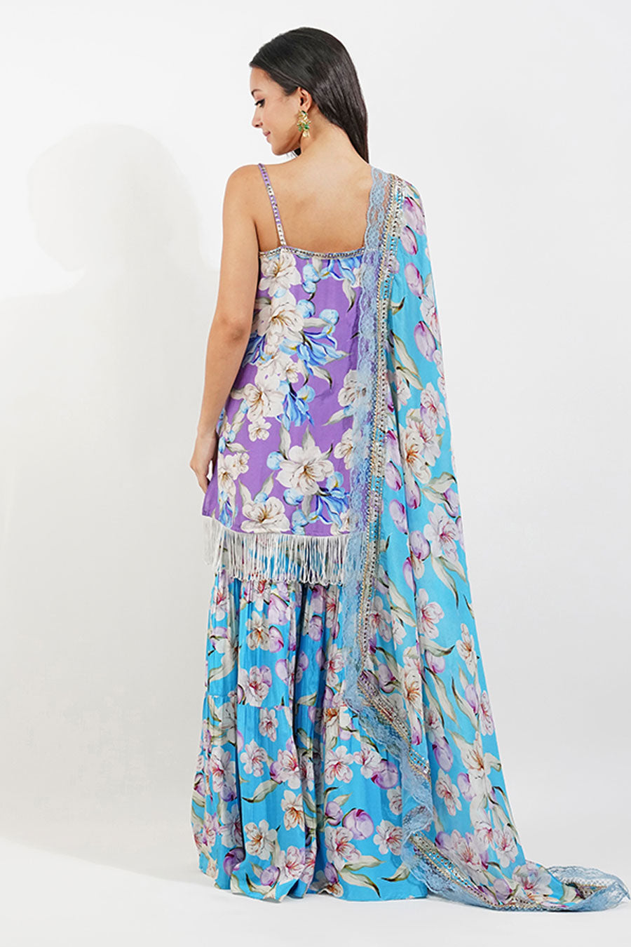 Purple-Blue Vintage Floral Embroidered Gharara Set