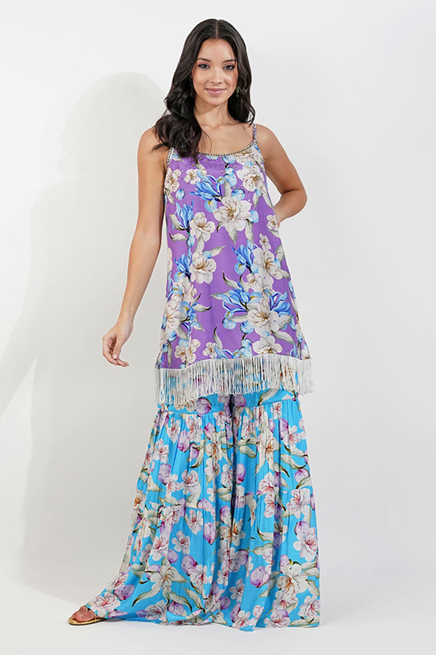 Purple-Blue Vintage Floral Embroidered Gharara Set