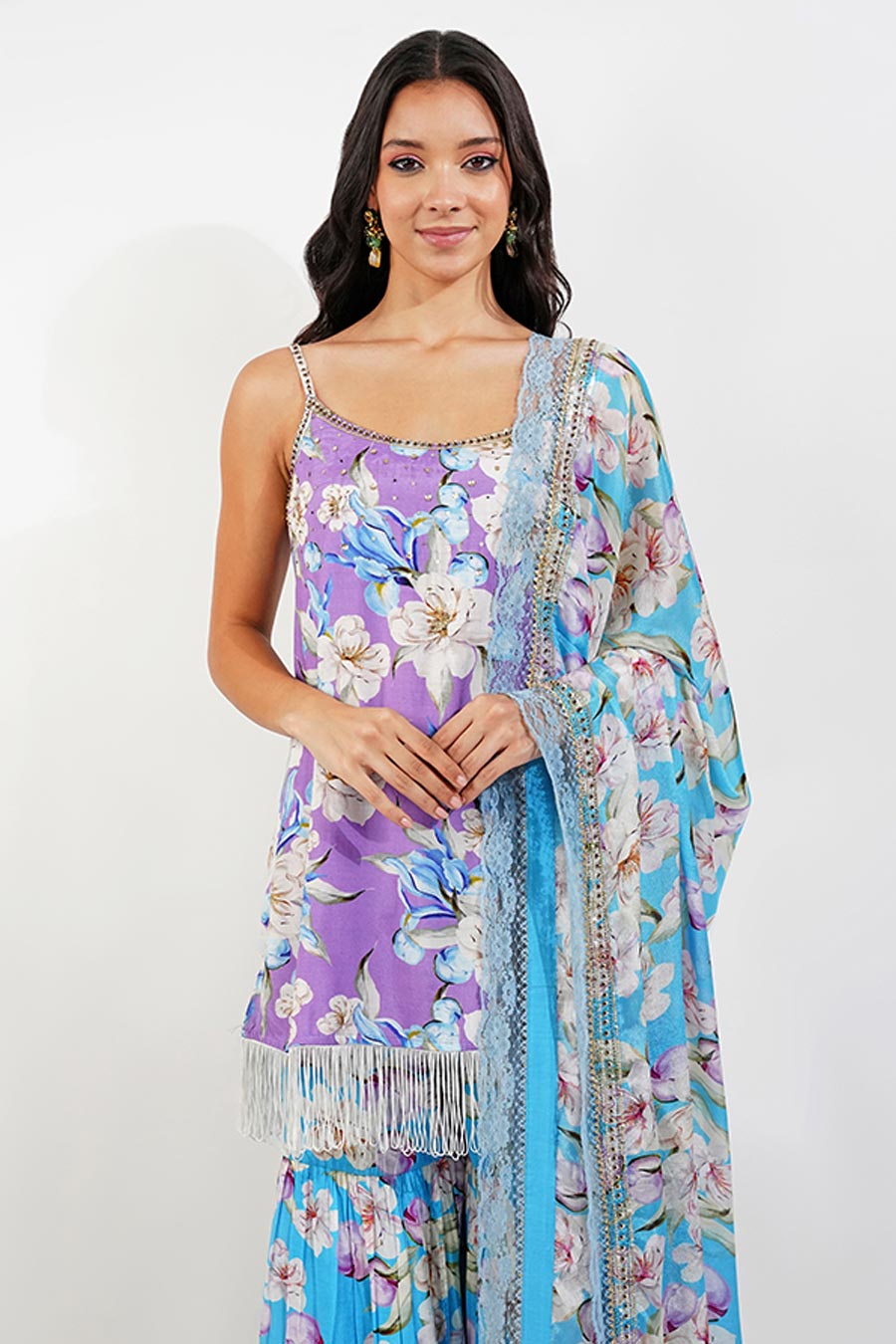 Purple-Blue Vintage Floral Embroidered Gharara Set
