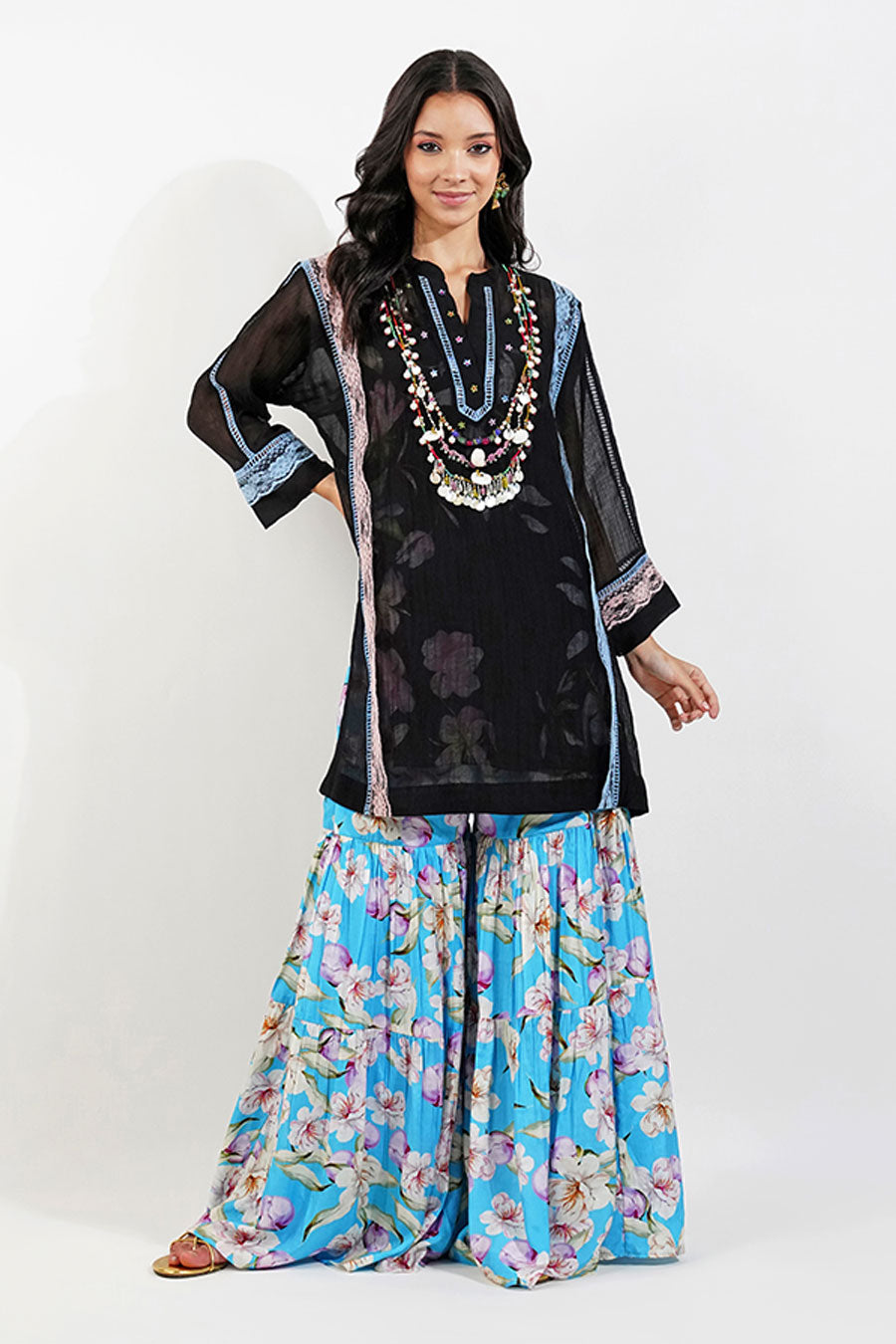 Black & Blue Floral Embellished Gharara Set