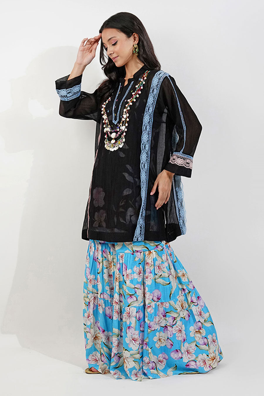 Black & Blue Floral Embellished Gharara Set