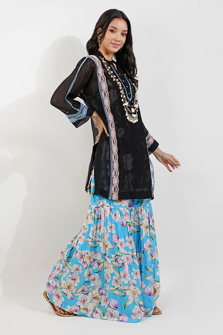 Black & Blue Floral Embellished Gharara Set