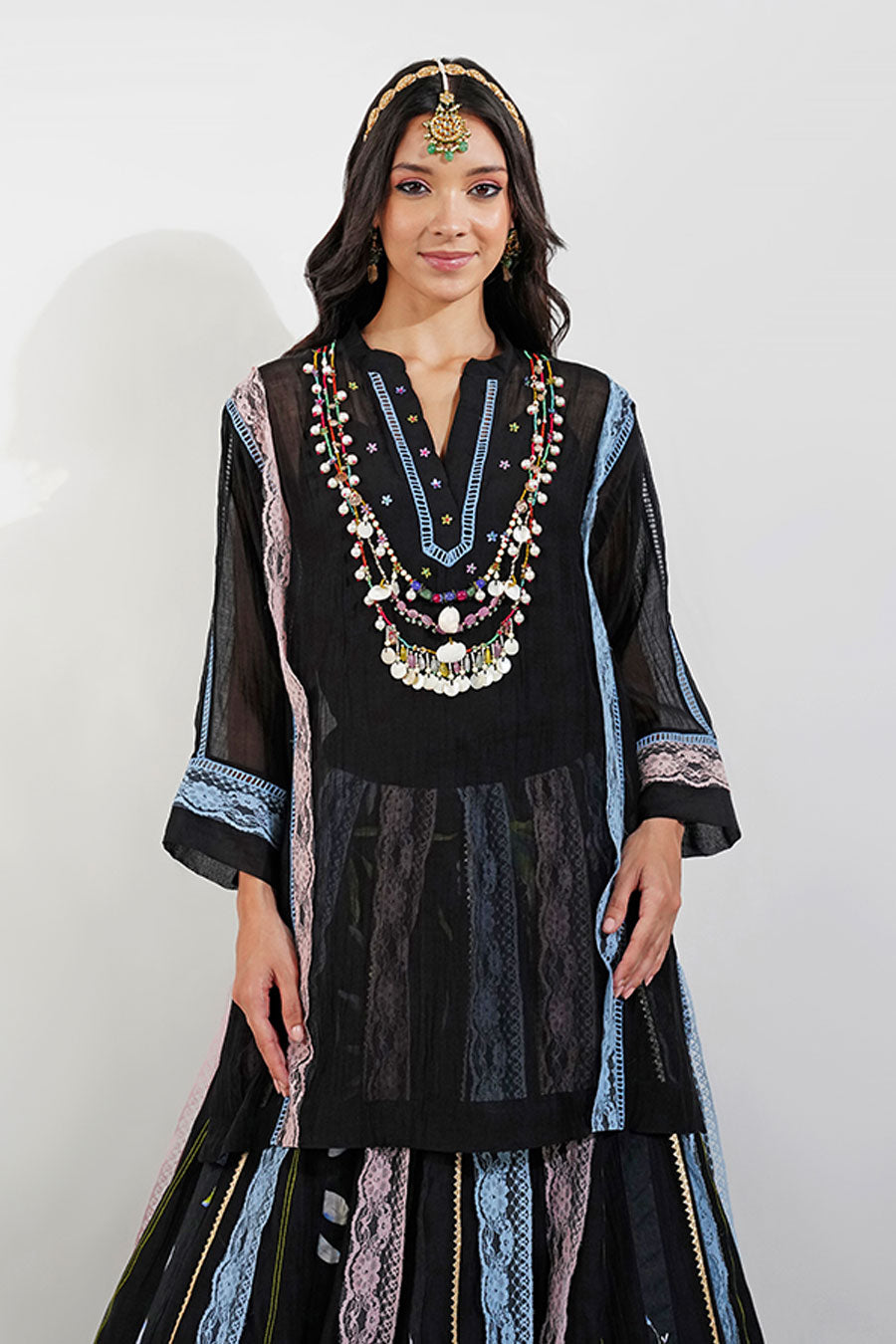 Black Embellished Kurta & Lehenga Skirt Set