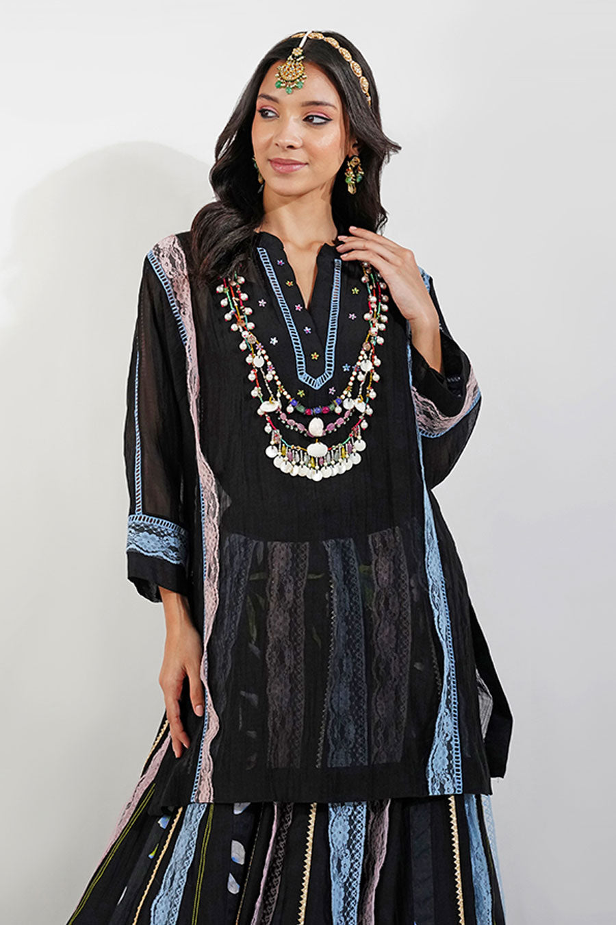 Black Embellished Kurta & Lehenga Skirt Set