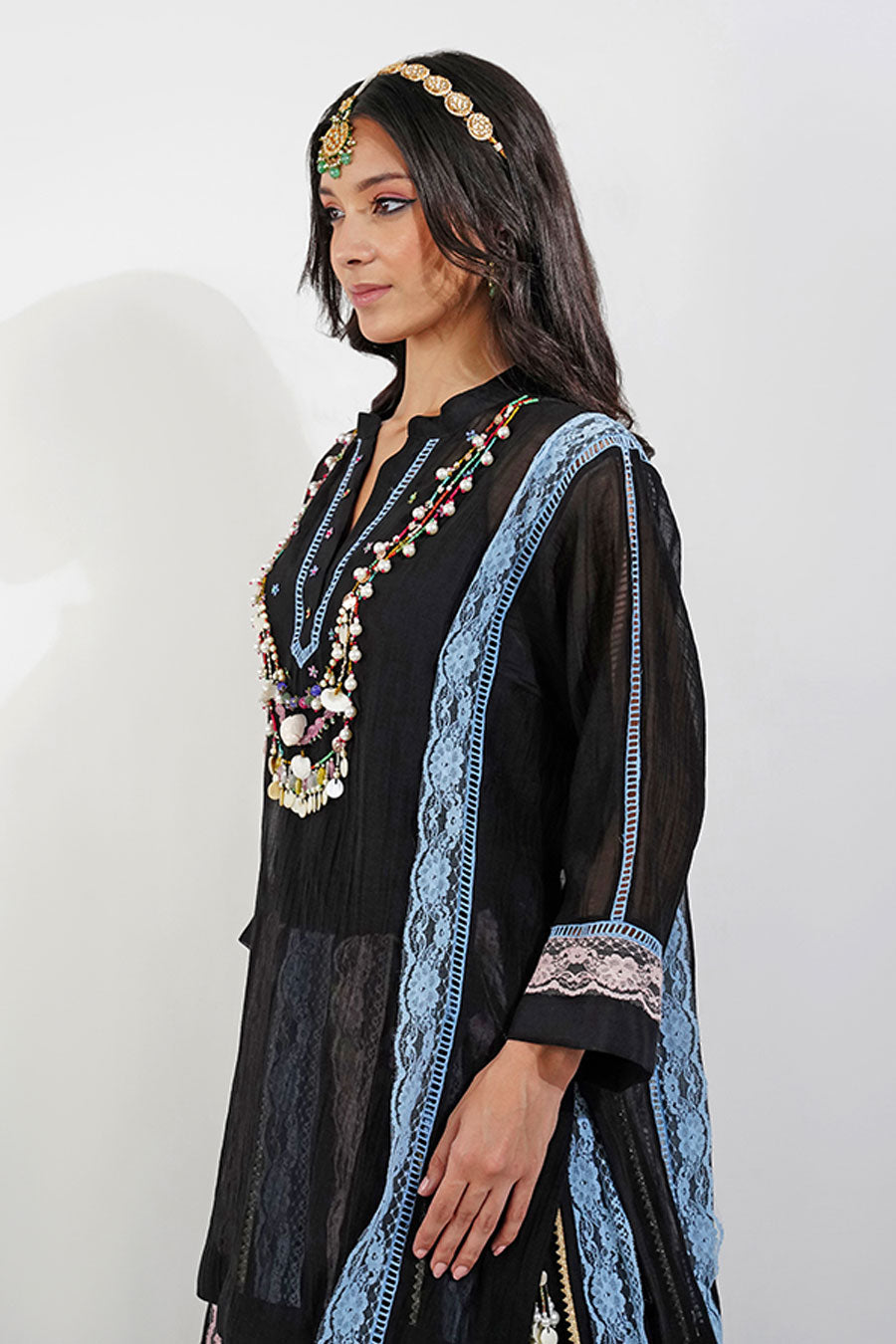 Black Embellished Kurta & Lehenga Skirt Set