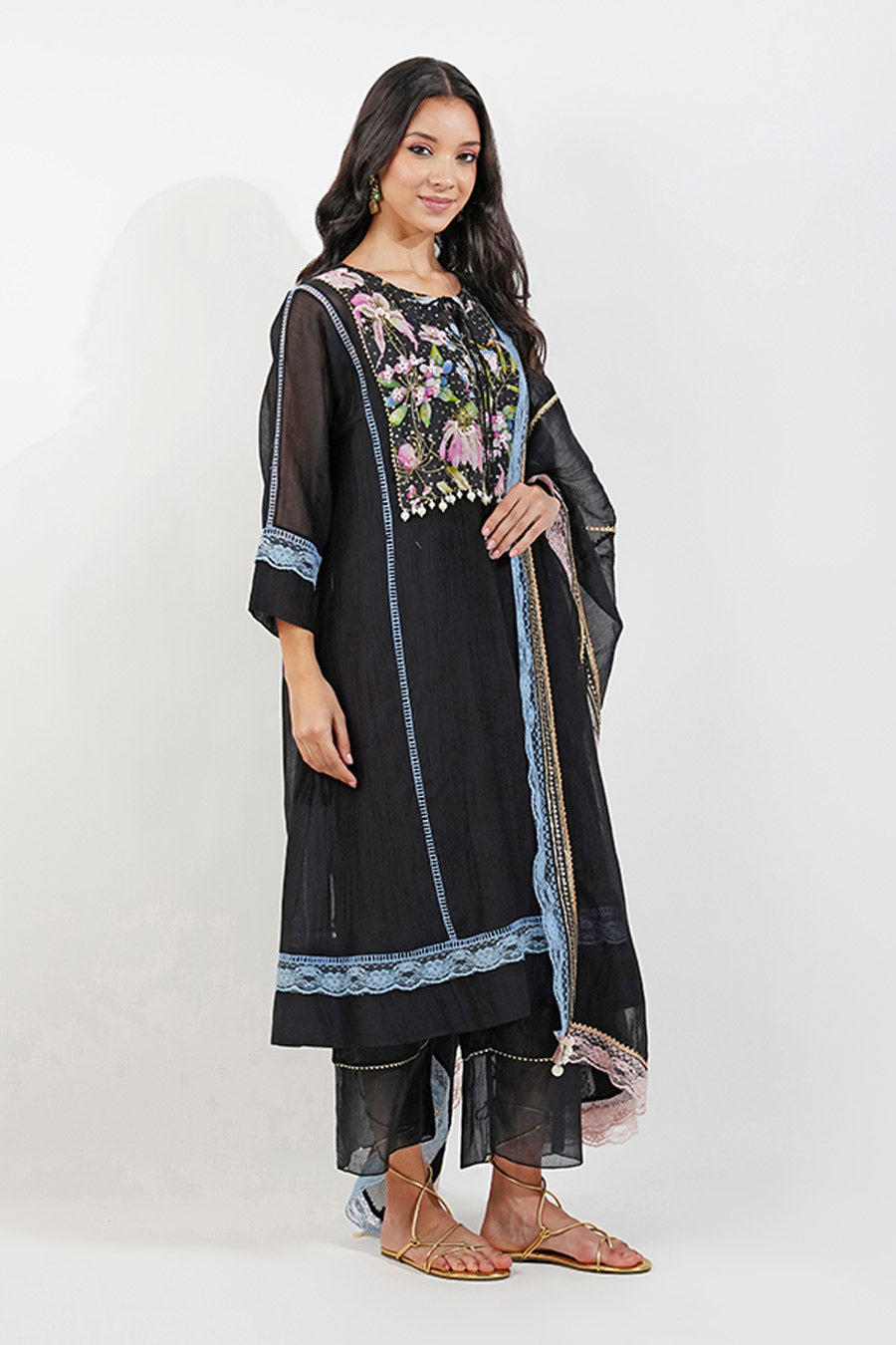 Black Summer Floral Embellished Kurta Set