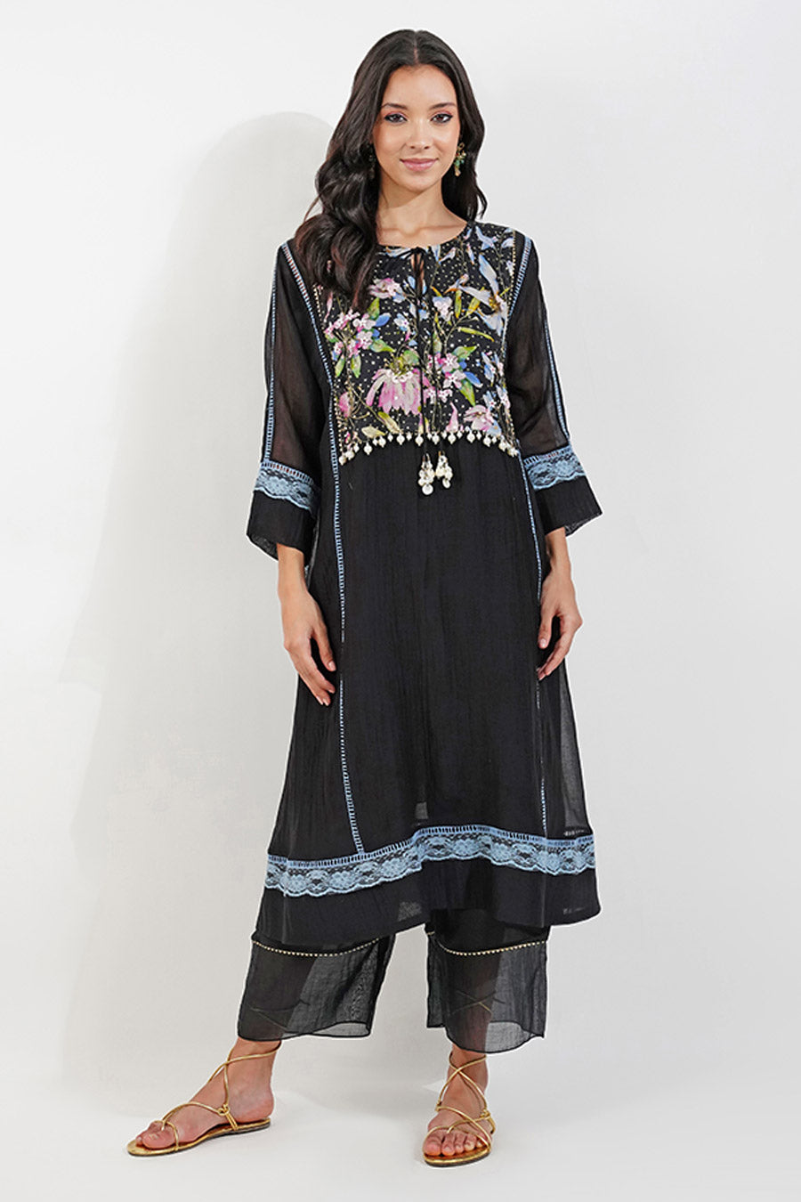 Black Summer Floral Embellished Kurta Set