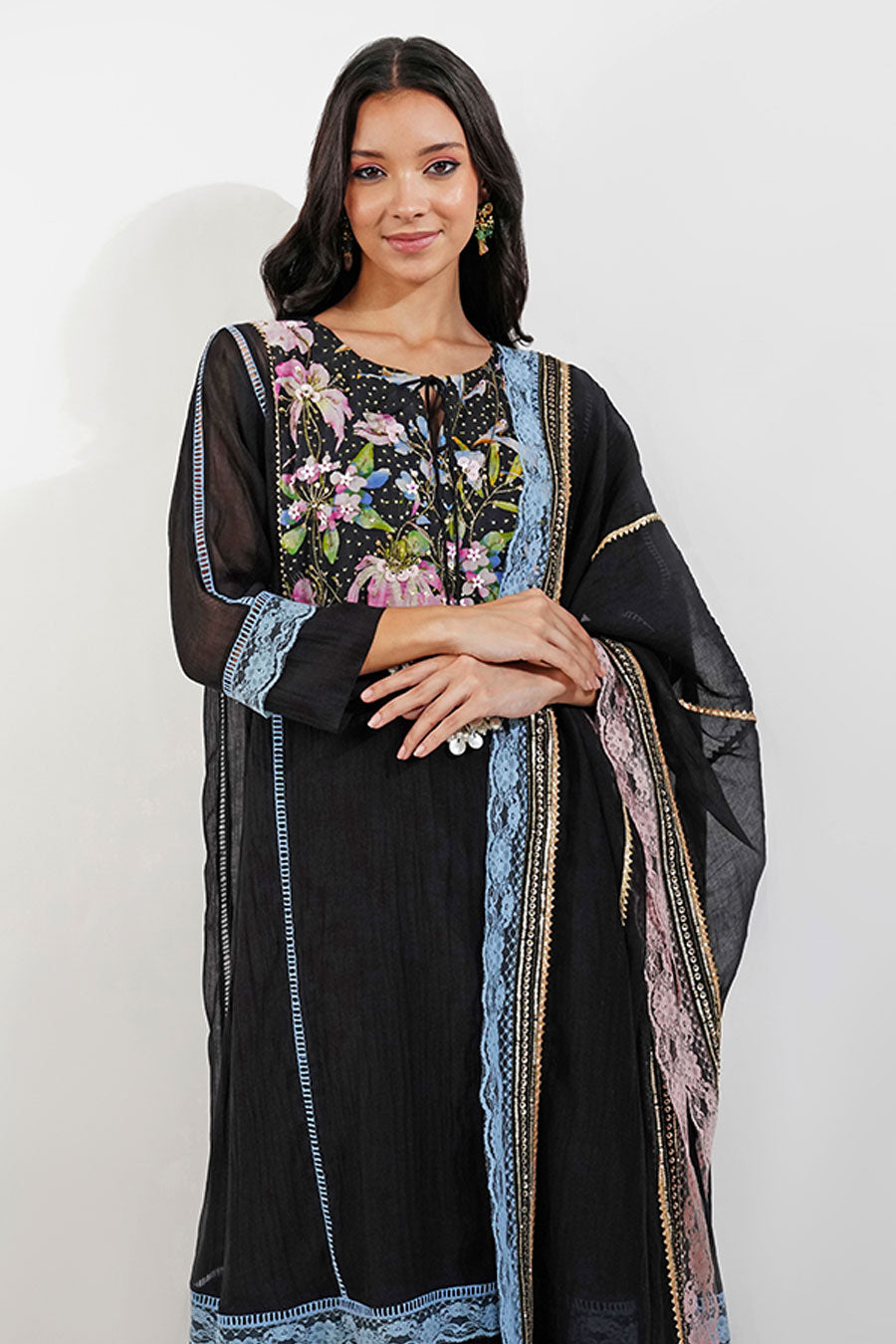 Black Summer Floral Embellished Kurta Set