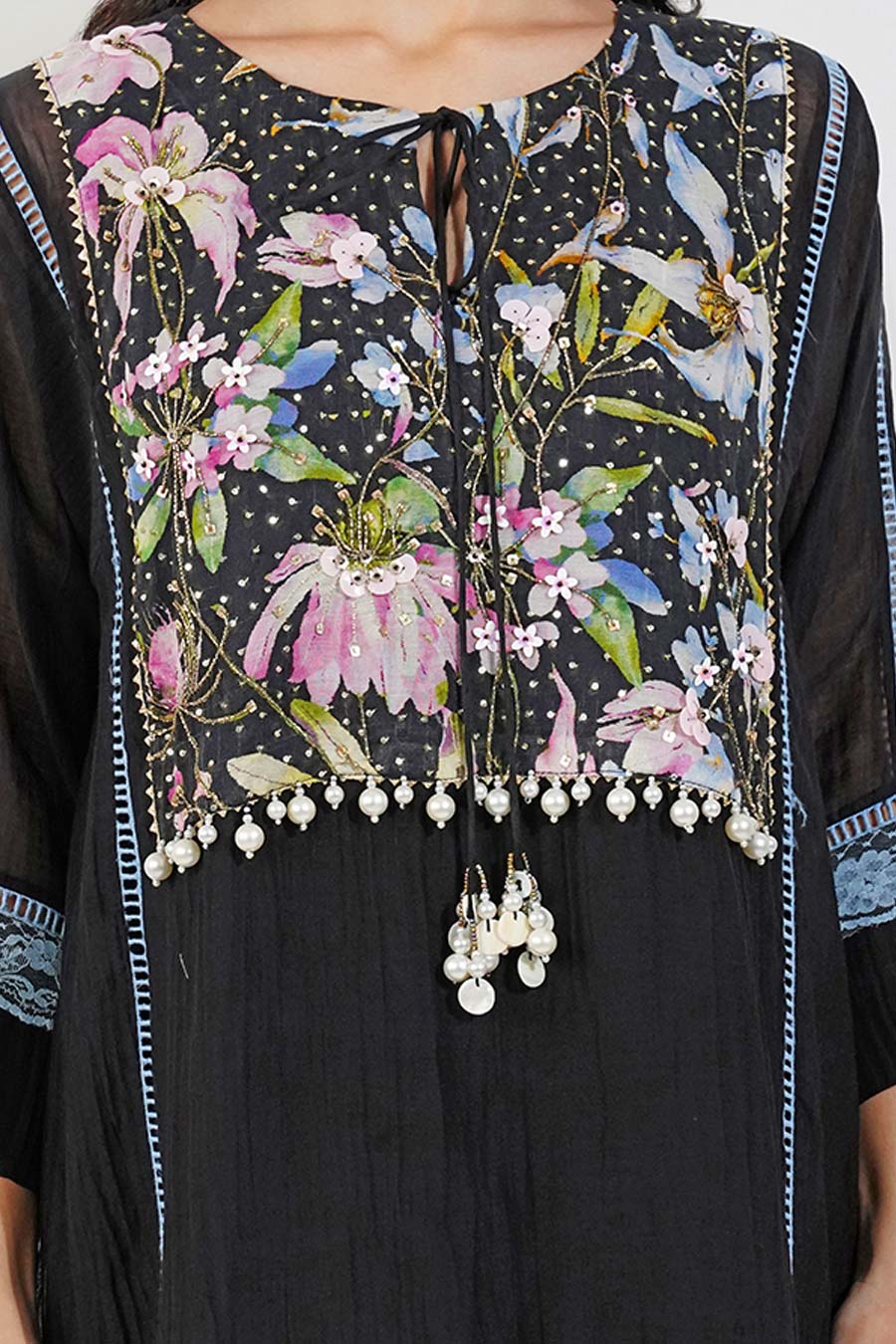Black Summer Floral Embellished Kurta Set