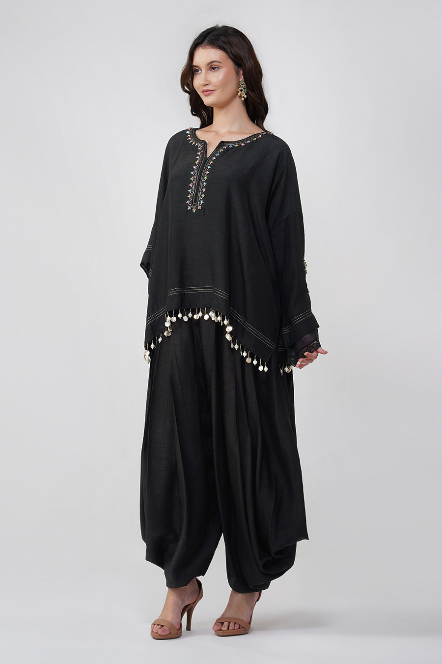 Black Crystal Flower Kaftan Top & Dhoti Pant Set