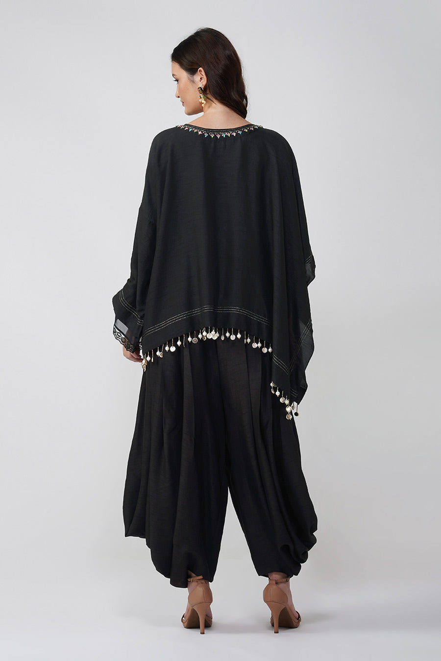Black Crystal Flower Kaftan Top & Dhoti Pant Set