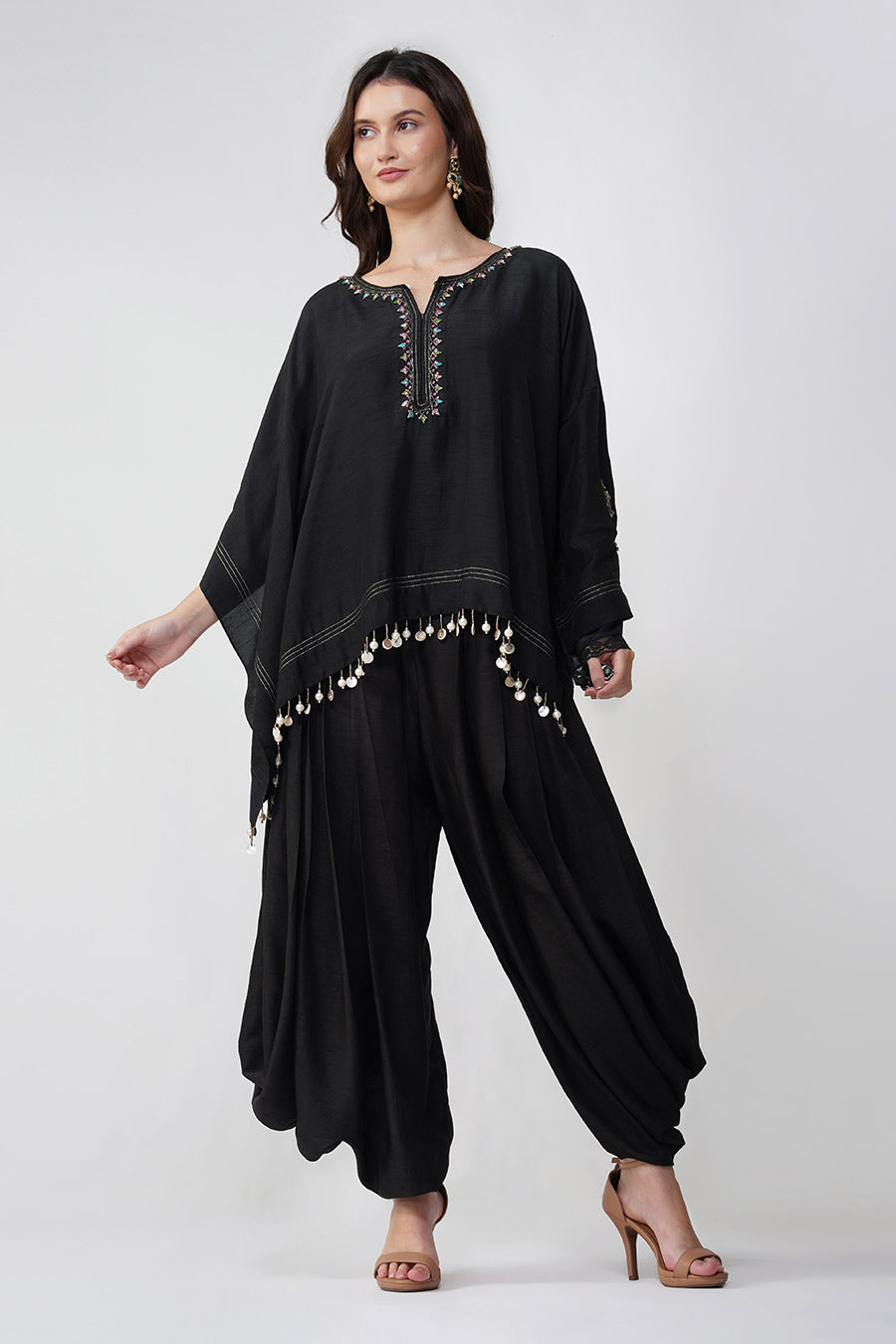 Black Crystal Flower Kaftan Top & Dhoti Pant Set