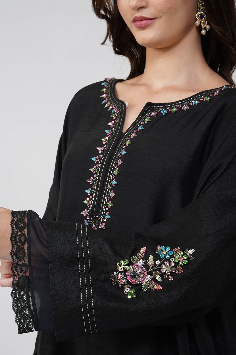 Black Crystal Flower Kaftan Top & Dhoti Pant Set