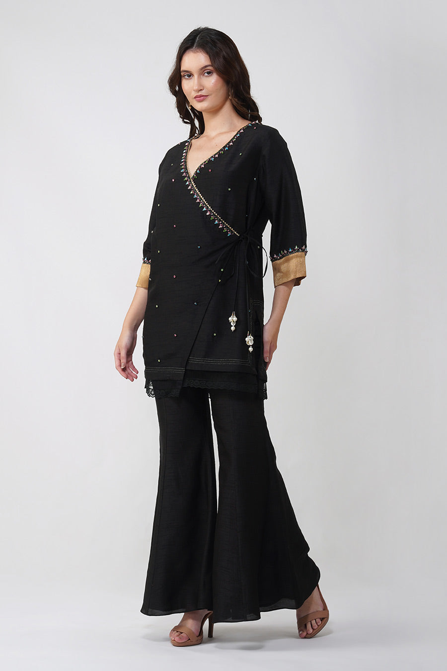 Black Crystal Leaf Overlap Top & Pant Co-Ord Set