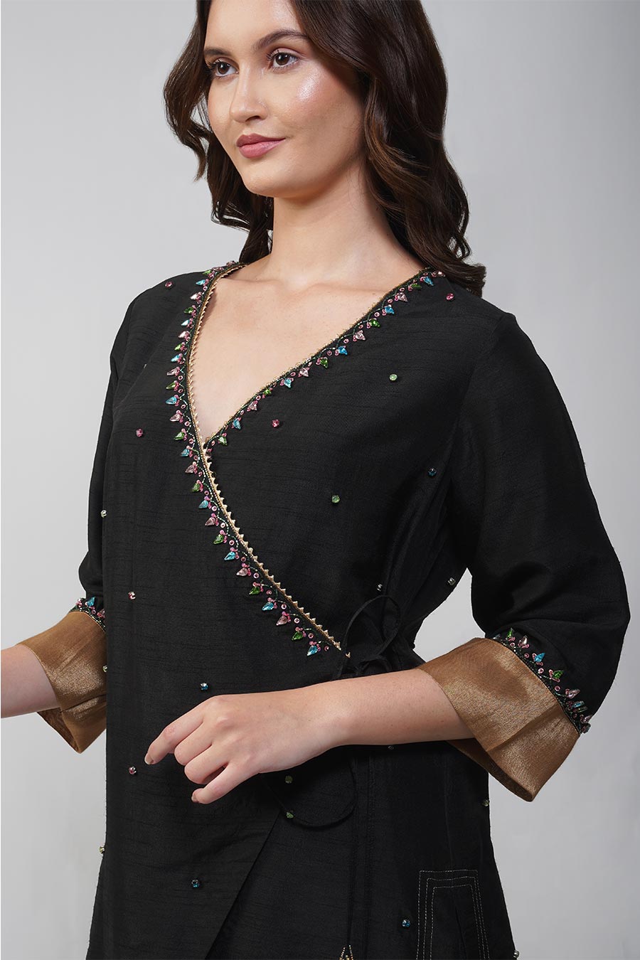 Black Crystal Leaf Overlap Top & Pant Co-Ord Set