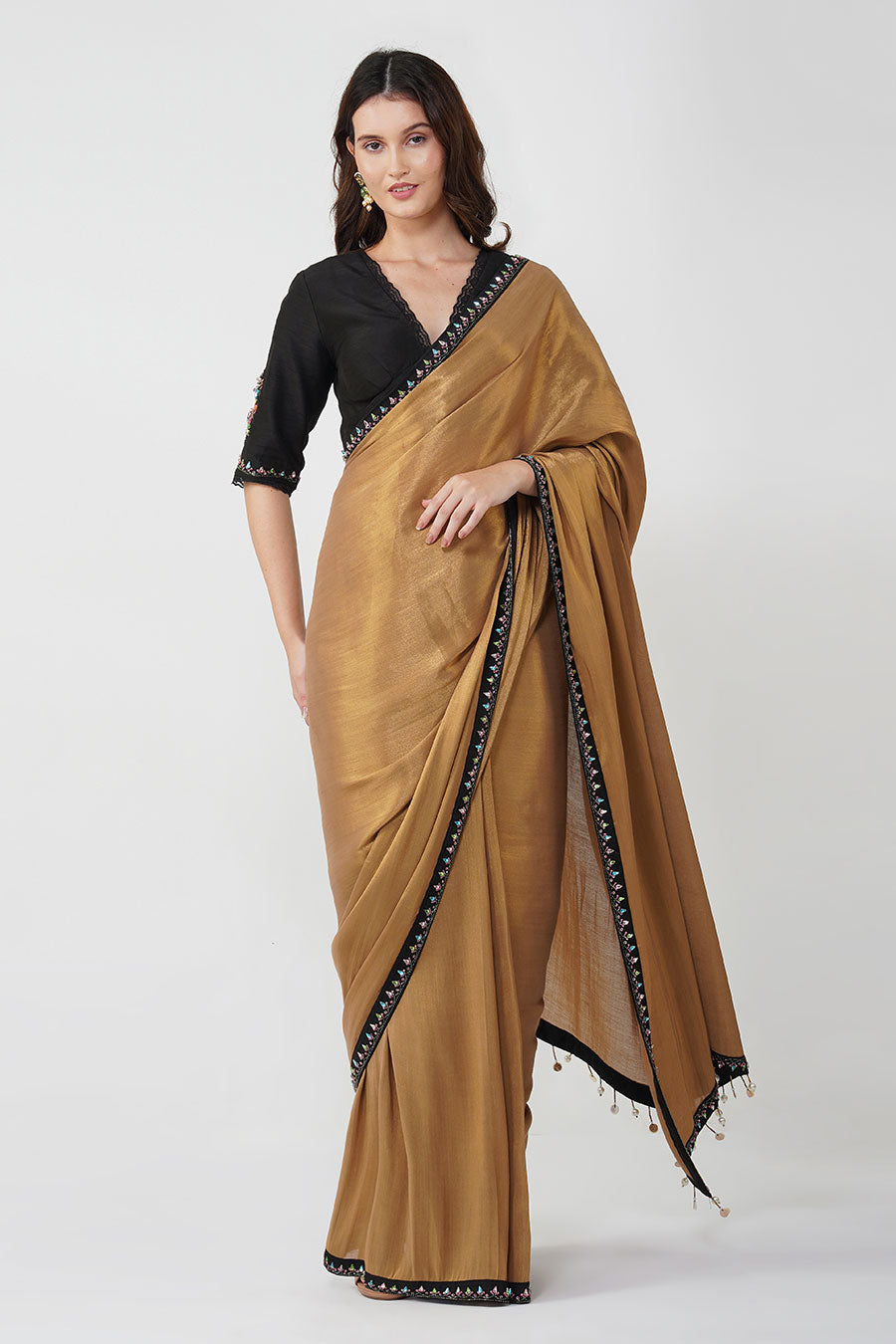 Gold Crystal Leaf Pre-Stitched Saree Set