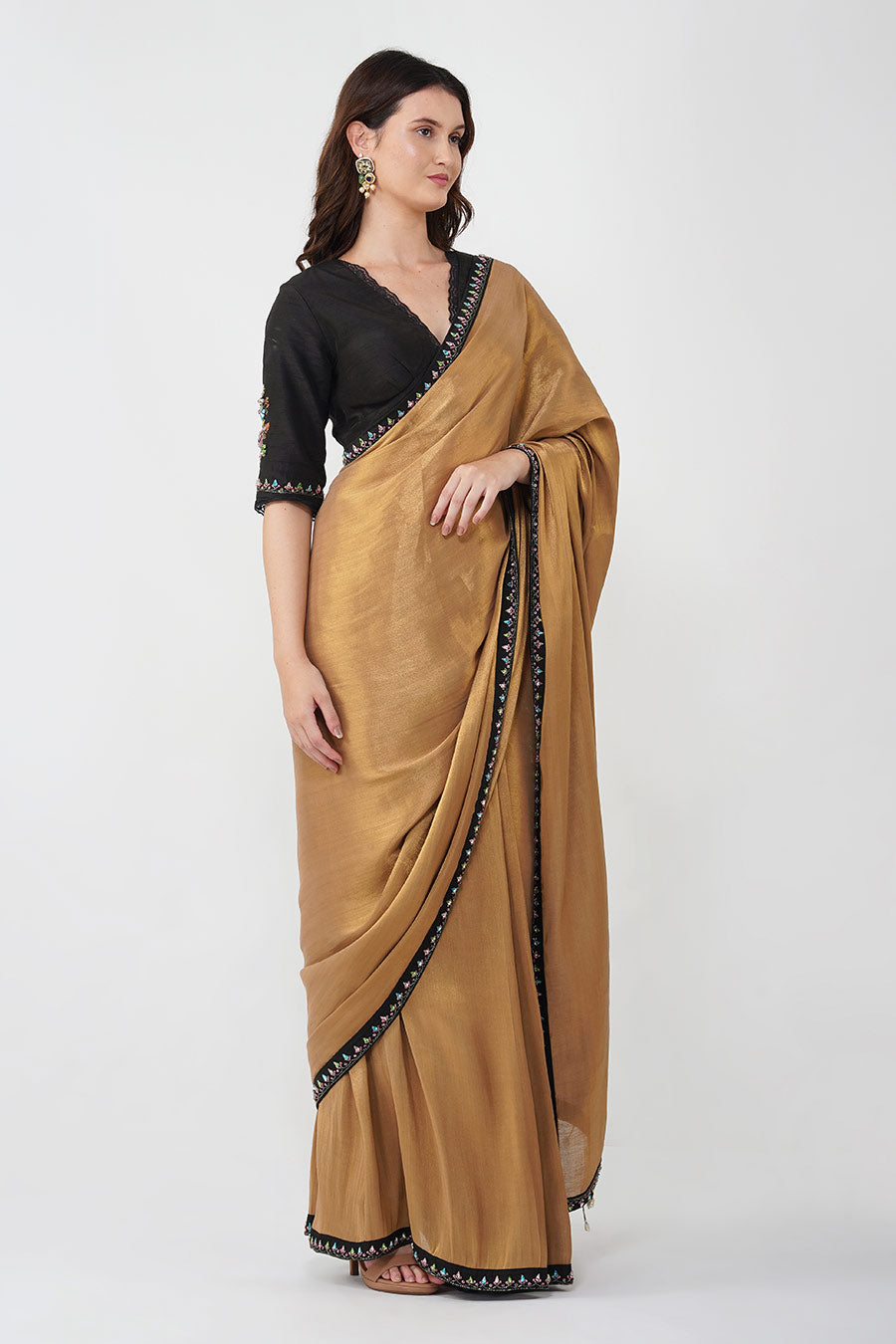 Gold Crystal Leaf Pre-Stitched Saree Set